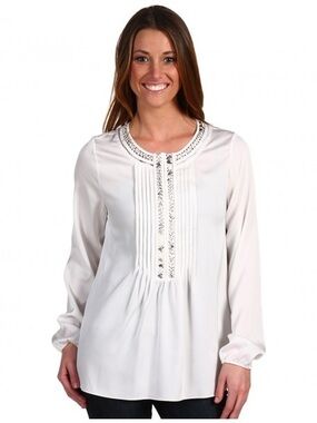 Elie Tahari Cream Braided-Trim Pintuck Blouse